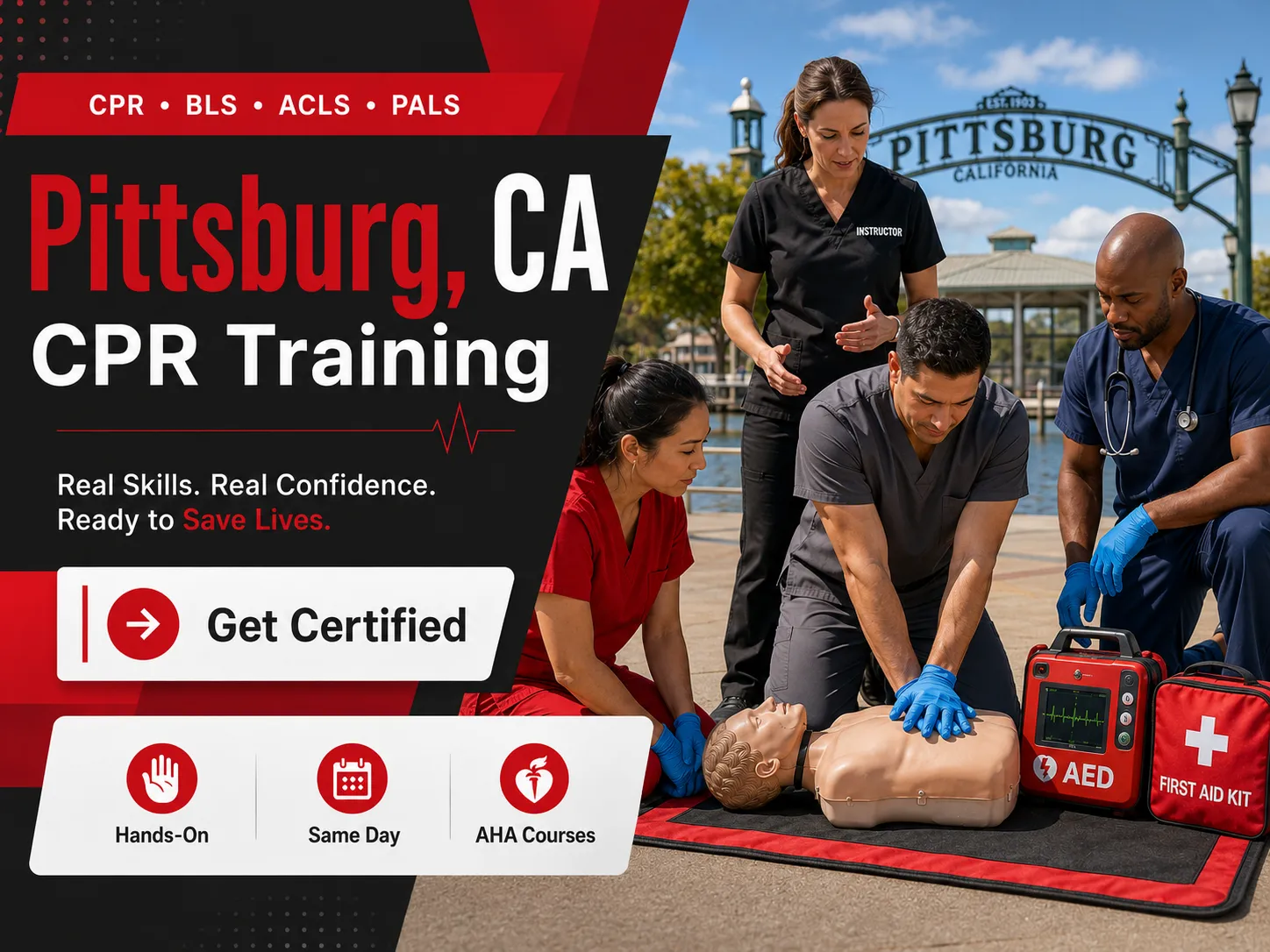 Two-rescuer CPR technique practice in Pittsburg, CA certification class